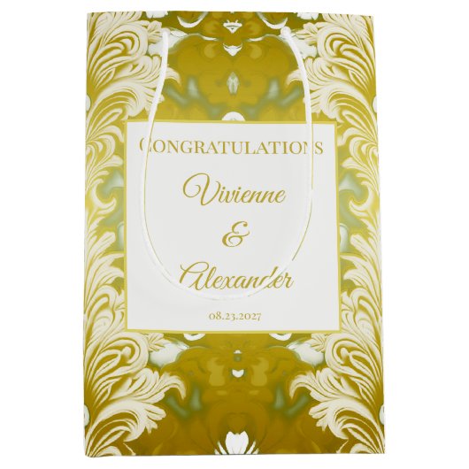 Retro Goud Groen Damast Huwelijksfelicitaties Medium Cadeauzakje (Voorkant)