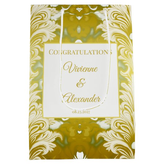 Retro Goud Groen Damast Huwelijksfelicitaties Medium Cadeauzakje (Achterkant)