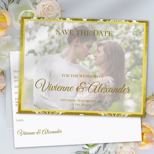 Retro Goud Groen Damast Save the Date Aankondiging
