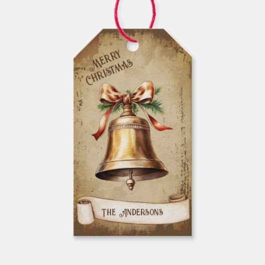 Retro Goud Messing Bell Vrolijk Kerstfeest Cadeaulabel (Voorkant)