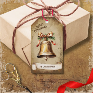 Retro Goud Messing Bell Vrolijk Kerstfeest Cadeaulabel