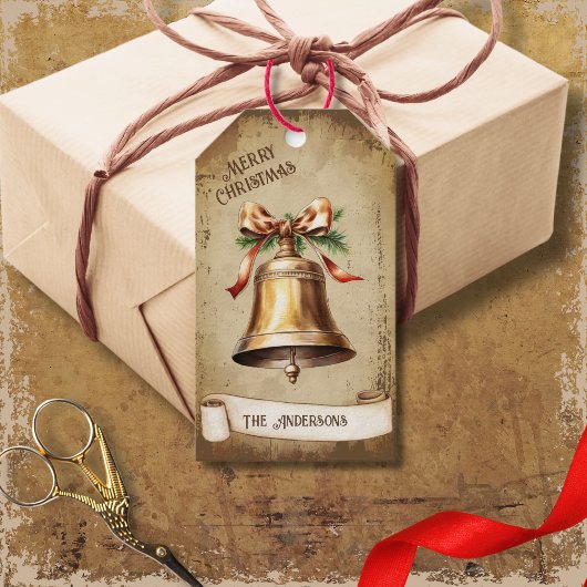 Retro Goud Messing Bell Vrolijk Kerstfeest Cadeaulabel