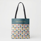 Retro Goud, Roze, en Blauwgroen Ananas Monogram Tote Bag (Voorkant)