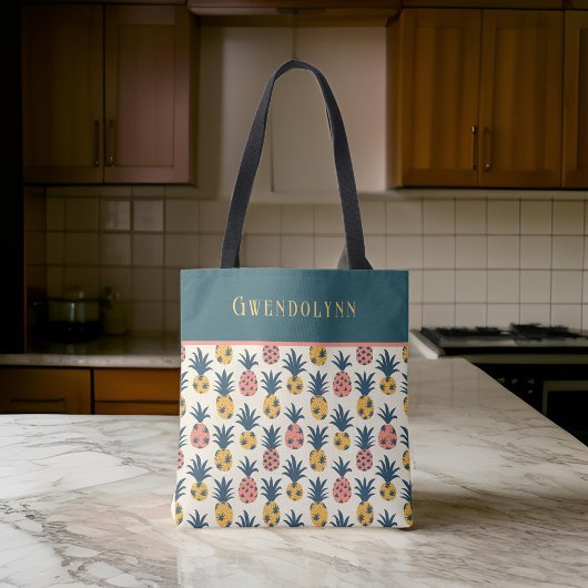 Retro Goud, Roze, en Blauwgroen Ananas Monogram Tote Bag