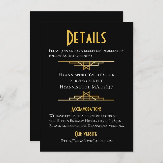 Retro Goud Zwart Grote Gatsy Details Bruiloft Kaar Informatiekaartje (Voorkant / Achterkant)