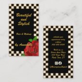Retro Goud Zwart Wit Schaakbord Rood Rose Visitekaartje (Voorkant / Achterkant)