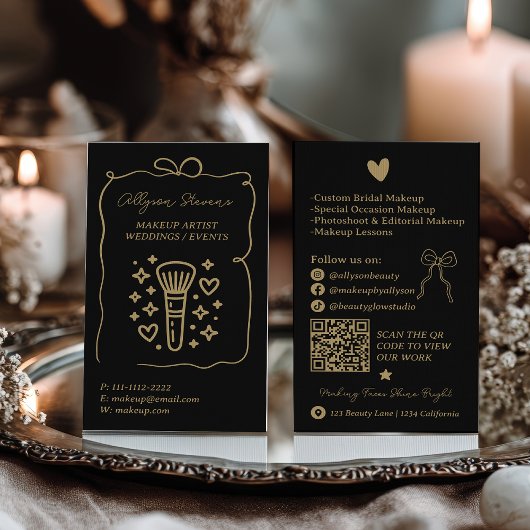 Retro Goud Zwarte Doodles Make-up Artiest QR Code Visitekaartje