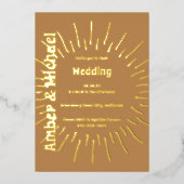 Retro Gouden Bruin en Gouden Zon Bruiloft Folie Uitnodiging (Voorkant)