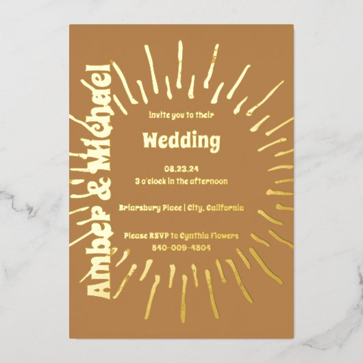 Retro Gouden Bruin en Gouden Zon Bruiloft Folie Uitnodiging (Voorkant)