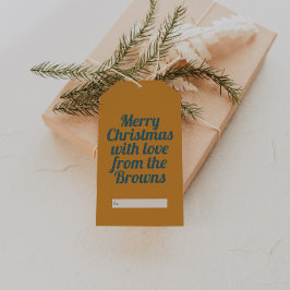 Retro Gouden Geel & Blauw Vrolijk Kerstfeest Cadeaulabel