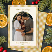 Retro Gouden Geplaagde Boog Foto Kerstmis Happy Feestdagenkaart