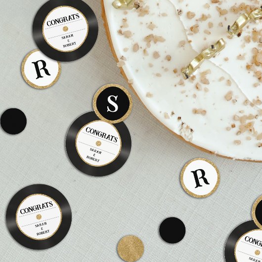 Retro Gouden Glitter Vinylplaat Monogram Felicitat Confetti