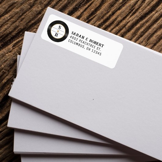 Retro Gouden Glitter Vinylplaat Monogram Huwelijk Etiket