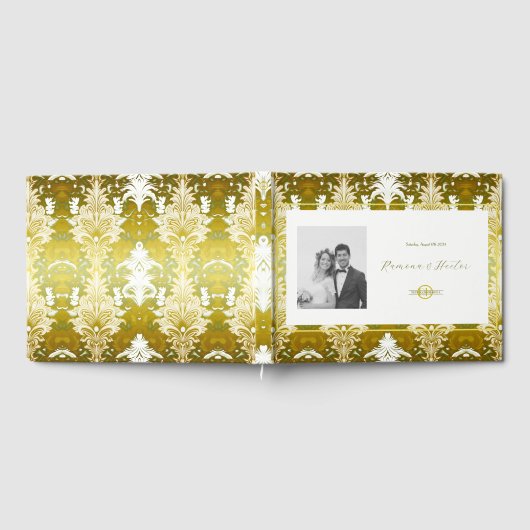 Retro Gouden Groen Damaskus Trouwfoto Monogram Gastenboek (Volledig)