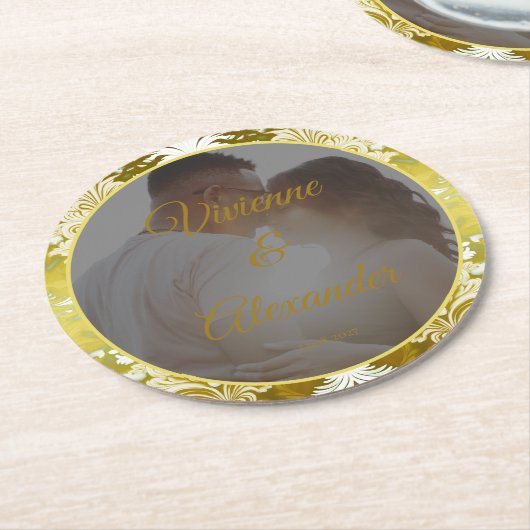Retro Gouden Groen Damaskus Trouwfoto Ronde Kartonnen Onderzetter (Gebogen)