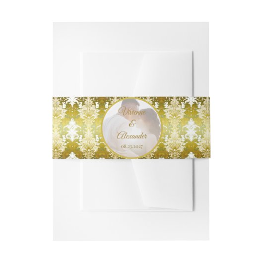 Retro Gouden Groen Damaskus Trouwfoto Uitnodigingen Wikkel (Voorkant Voorbeeld)