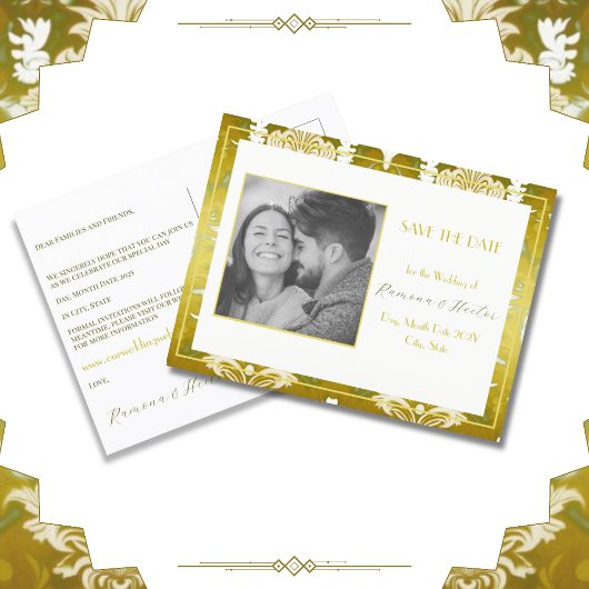Retro Gouden Groen Damast Save the Date Aankondigingskaart