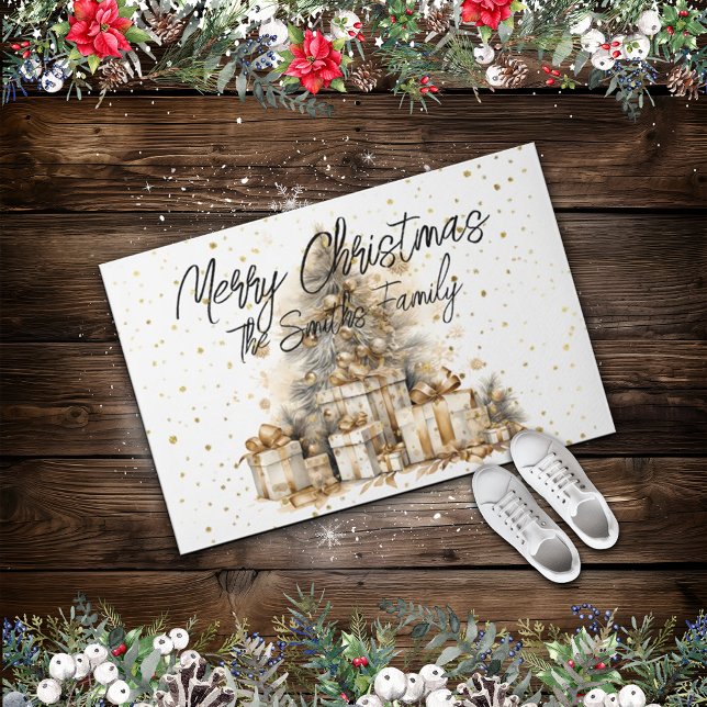 Retro Gouden Kerstboom Familienaam Deurmat (Creator heeft geüpload)