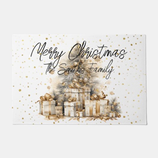 Retro Gouden Kerstboom Familienaam Deurmat (Voorkant)