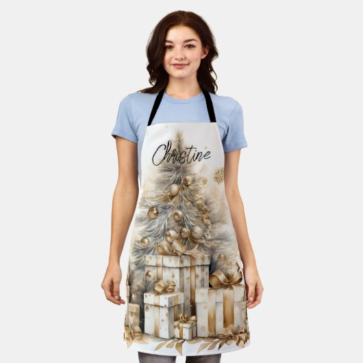 Retro Gouden Kerstboom Naam Schort (Gedragen)