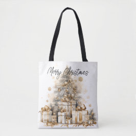 Retro Gouden Kerstboom Vrolijk Kerstfeest Tote Bag