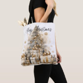 Retro Gouden Kerstboom Vrolijk Kerstfeest Tote Bag (Dichtbij)