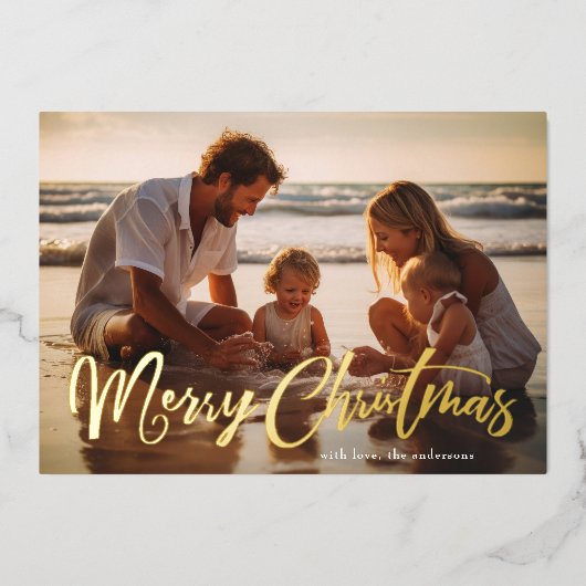 Retro Gouden Lettering Vrolijke Kerstfoto Folie Feestdagenkaart (Voorkant)