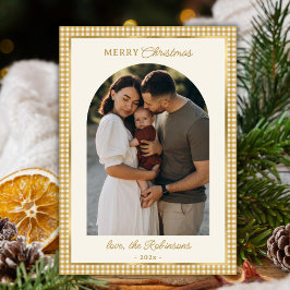 Retro Gouden Plakken Boog Foto Vrolijk Kerstfeest Feestdagenkaart