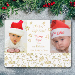 Retro gouden wanten nieuwe baby foto kerst kaart