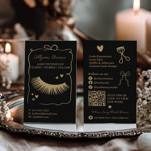 Retro gouden zwarte Doodles Wimper Tech QR-code Visitekaartje
