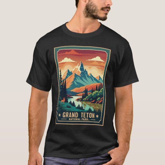 Retro Grand Teton Hike Sunset T-shirt (Voorkant)