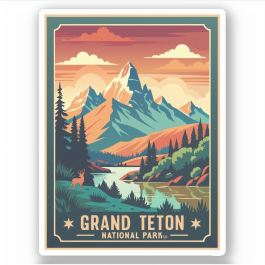 Retro Grand Teton Hike Sunset T-shirt Sticker (Voorkant)