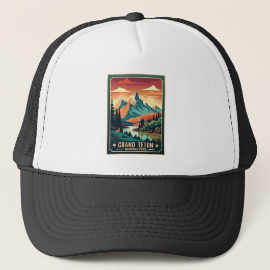 Retro Grand Teton Hike Sunset T-shirt Trucker Pet (Voorkant)