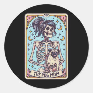 Retro Grappig De Pug Dog Mom Tarot Kaart Skeleton  Ronde Sticker