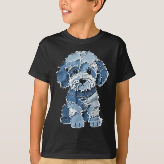 Retro grappige denim patch dier hond print  t-shirt (Voorkant)