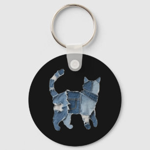 Retro Grappige Denim Patch Dier Kat Print Sleutelhanger