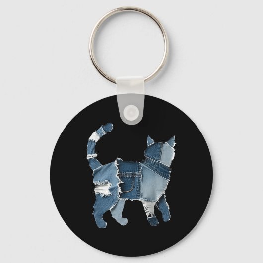 Retro grappige denim patch dier kat sleutelhanger (Voorkant)