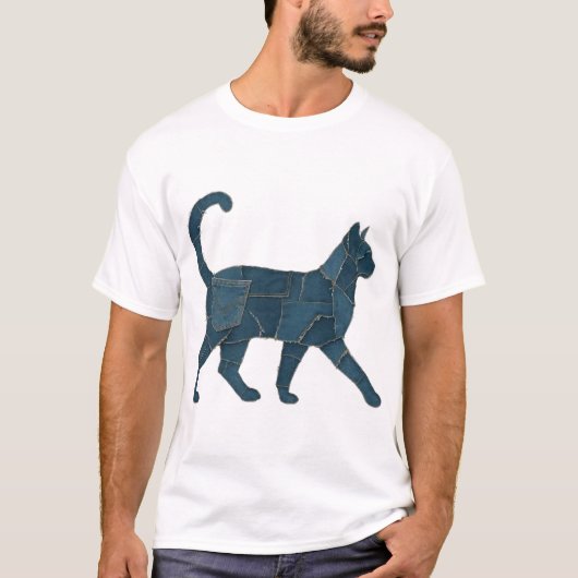 Retro Grappige Denim Patch Dier Kat T-Shirt (Voorkant)