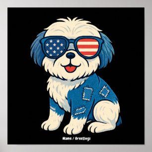 Retro Grappige Denim Patch Mooie Hond Ontwerp Poster