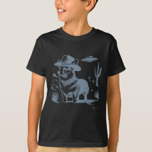 Retro Grappige Jaren 90 Western Cowboy Corgi Ufo T-shirt