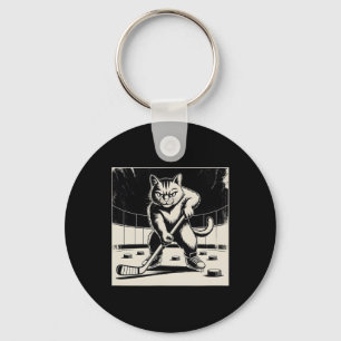 Retro grappige kat die ijshockey speelt stick scha sleutelhanger