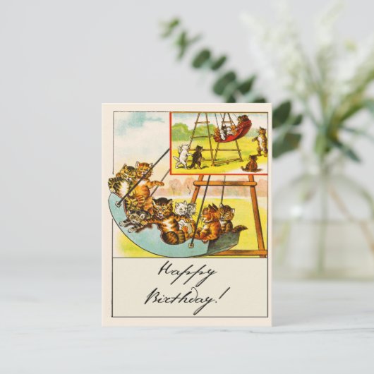 Retro Grappige Katten Spelen op Schommel Gelukkige Briefkaart (Staand voorkant)