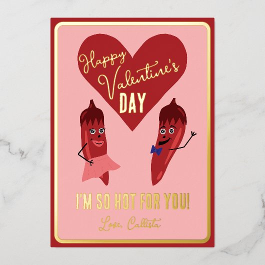 Retro Grappige Rode Hete Peper Valentijnsdag Goud Folie Feestdagenkaart (Voorkant)