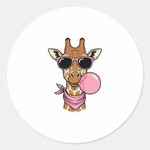 Retro Gravure Giraffe Bubblegum Vectorontwerp_ Ronde Sticker