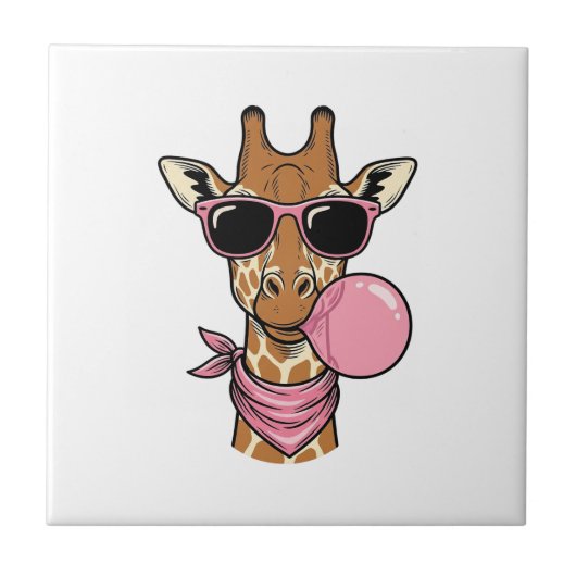 Retro Gravure Giraffe Bubblekauwgom Vectorontwerp_ Tegeltje (Voorkant)