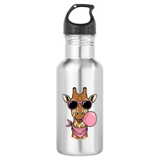 Retro Gravure Giraffe Bubblekauwgom Vectorontwerp_ Waterfles (Voorkant)