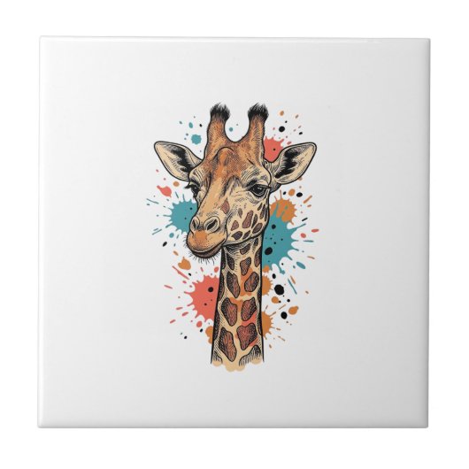 Retro Gravure Giraffe Kunst Wit T-Shirt Ontwerp ( Tegeltje (Voorkant)