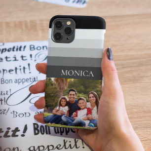 Retro Gray Black Stripe Photo monogram Case-Mate iPhone 14 Hoesje