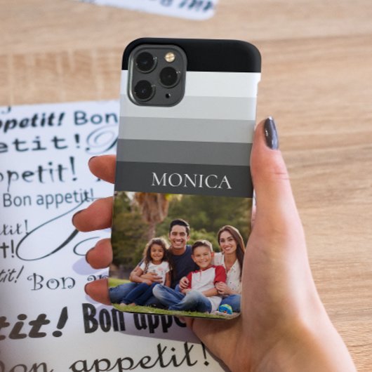 Retro Gray Black Stripe Photo monogram Case-Mate iPhone Case
