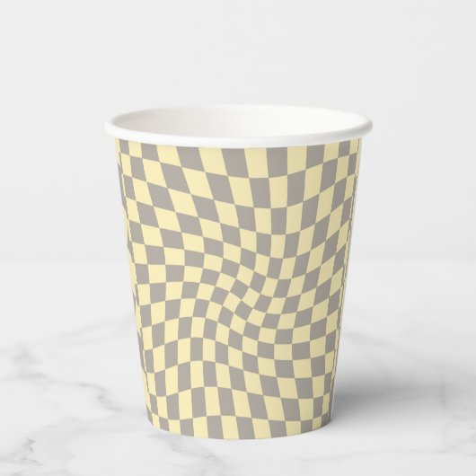 Retro Gray Yellow Pastel Warped Checkerboard Papieren Bekers (Achterkant)